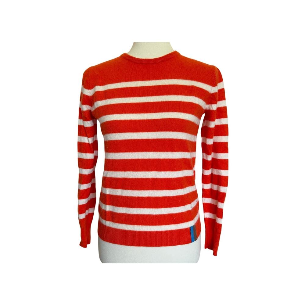 KULE Cashmere Striped Crew Neck Sweater - Orange / Cream - Size Small